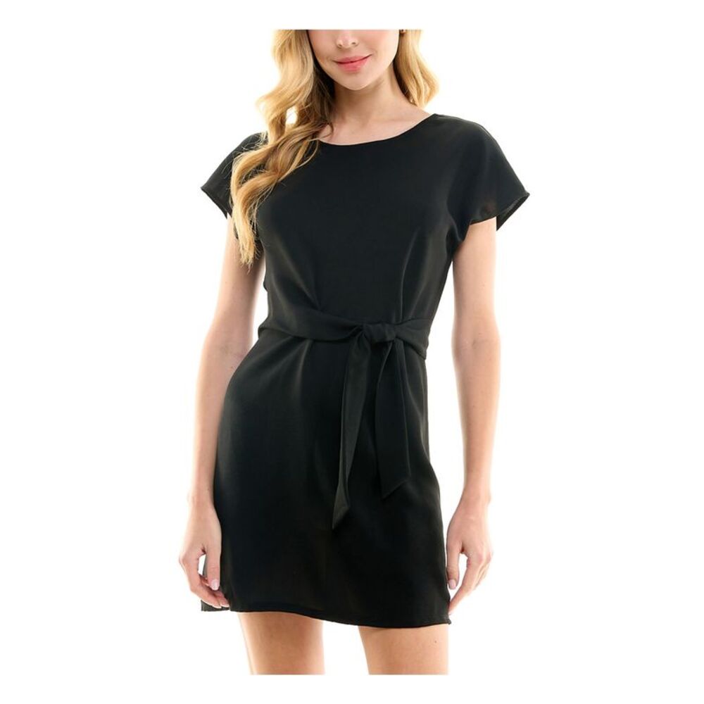 CITY STUDIO Womens Black Cap Sleeve Round Neck Short Shift Dress Juniors L